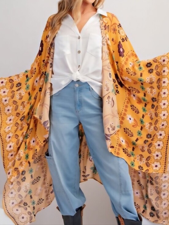 Easel Los Angeles Other - Easel Mustard Floral Printed Crepon Kimono  - NWT